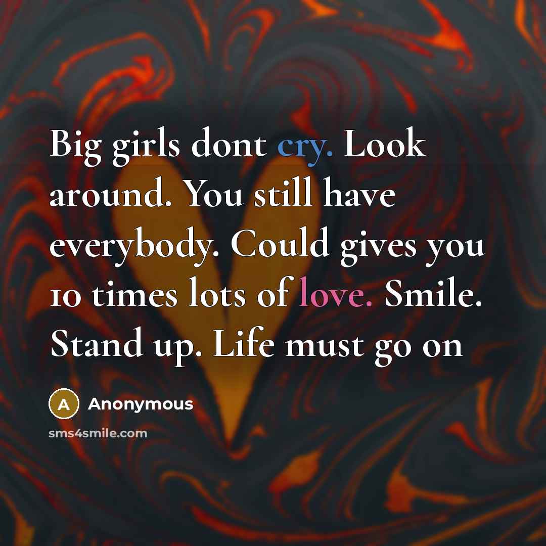 “Big girls dont cry. Look around. You still have everybody. Could gives you 10 times lots of love. Smile. Stand up. Life must go on” quote by Anonymous