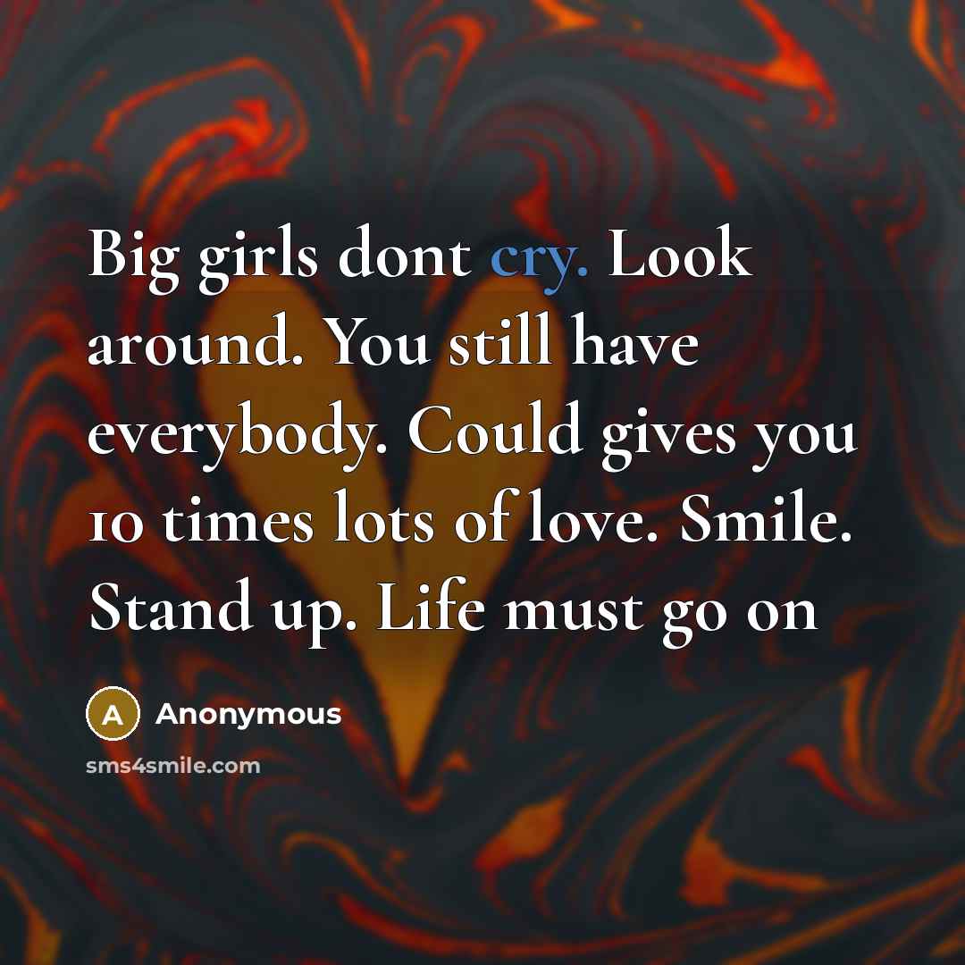 “Big girls dont cry. Look around. You still have everybody. Could gives you 10 times lots of love. Smile. Stand up. Life must go on” quote by Anonymous
