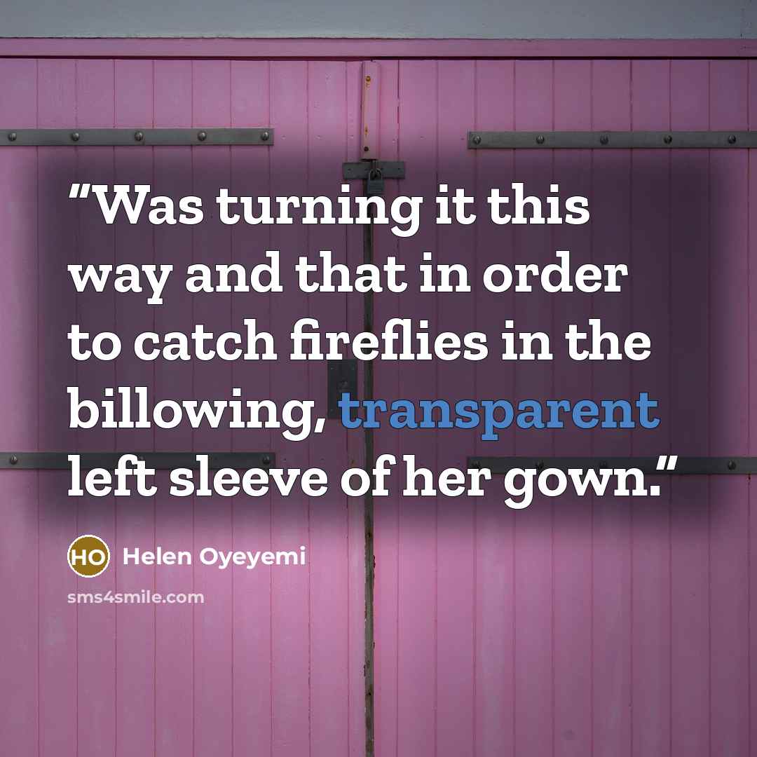 “Was turning it this way and that in order to catch fireflies in the billowing, transparent left sleeve of her gown.” quote by Helen Oyeyemi