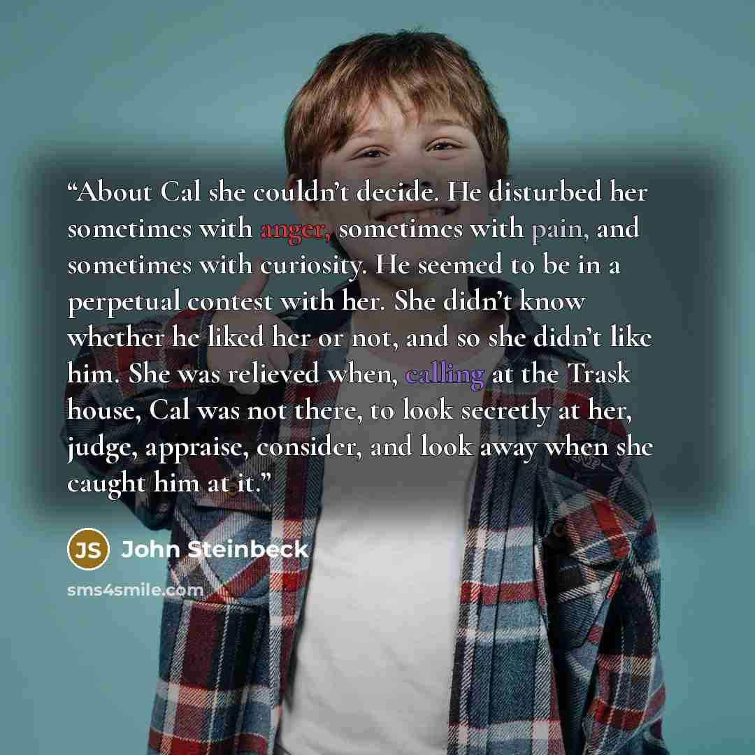 “About Cal she couldn’t decide. He disturbed her sometimes with anger, sometimes with pain, and sometimes with curiosity. He seemed to be in a perpetual contest with her. She didn’t know whether he liked her or not, and so she didn’t like him. She was relieved when, calling at the Trask house, Cal…” quote by John Steinbeck