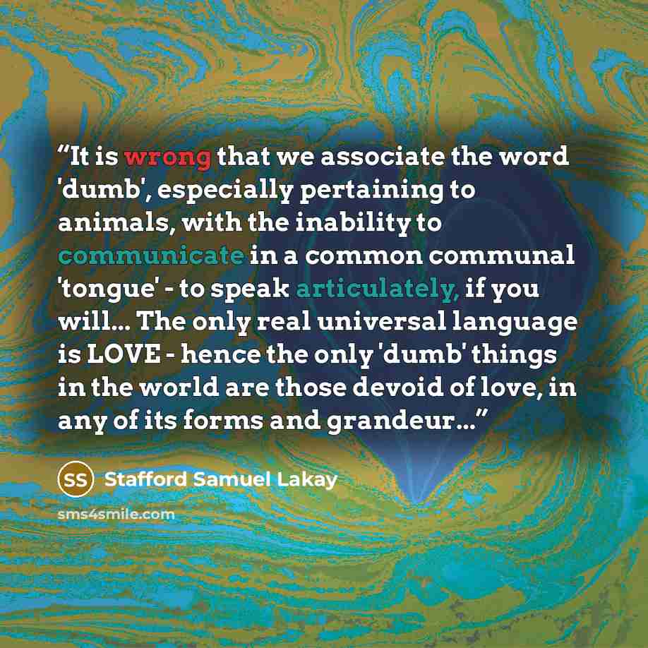 “It is wrong that we associate the word 'dumb', especially pertaining to animals, with the inability to communicate in a common communal 'tongue' - to speak articulately, if you will... The only real universal language is LOVE - hence the only 'dumb' things in the world are those devoid of love, in…” quote by Stafford Samuel Lakay