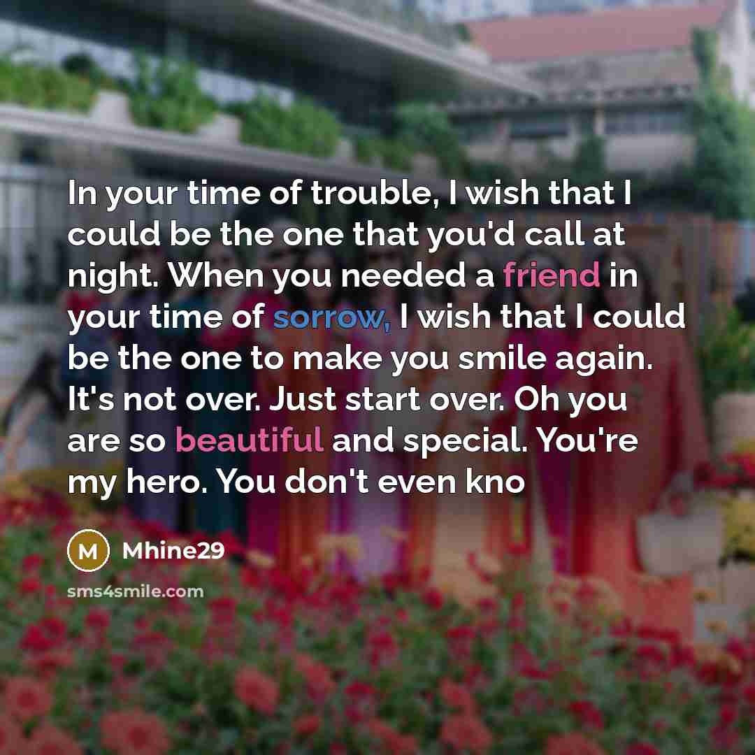 “In your time of trouble, I wish that I could be the one that you'd call at night. When you needed a friend in your time of sorrow, I wish that I could be the one to make you smile again. It's not over. Just start over. Oh you are so beautiful and special. You're my hero. You don't even kno” quote by Mhine29