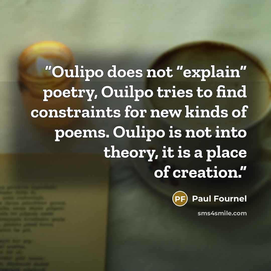 “Oulipo does not “explain” poetry, Ouilpo tries to find constraints for new kinds of poems. Oulipo is not into theory, it is a place of creation.” quote by Paul Fournel