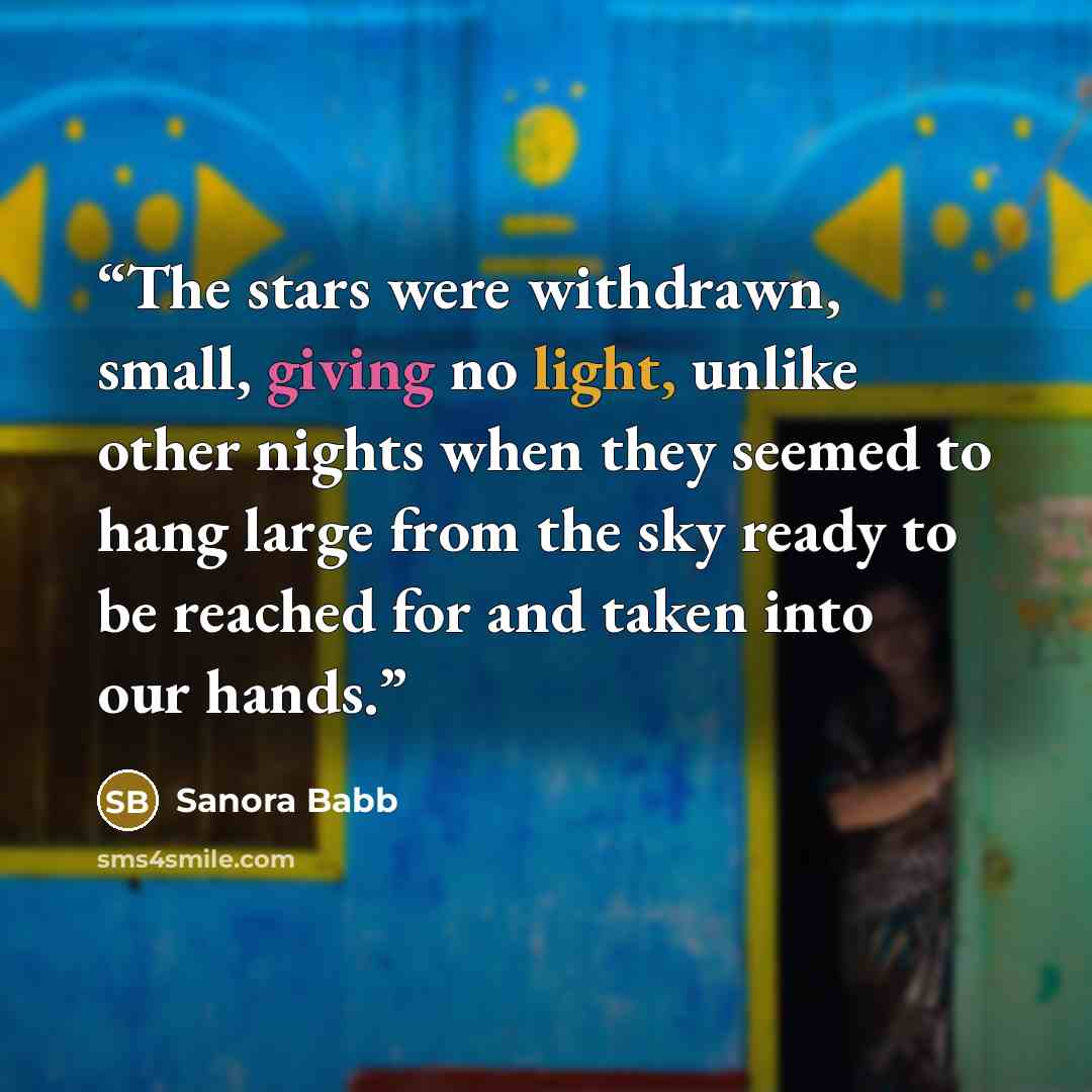“The stars were withdrawn, small, giving no light, unlike other nights when they seemed to hang large from the sky ready to be reached for and taken into our hands.” quote by Sanora Babb