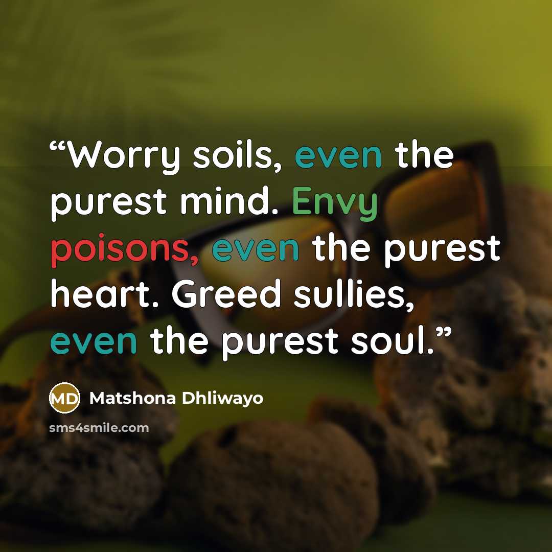 “Worry soils, even the purest mind. Envy poisons, even the purest heart. Greed sullies, even the purest soul.” quote by Matshona Dhliwayo