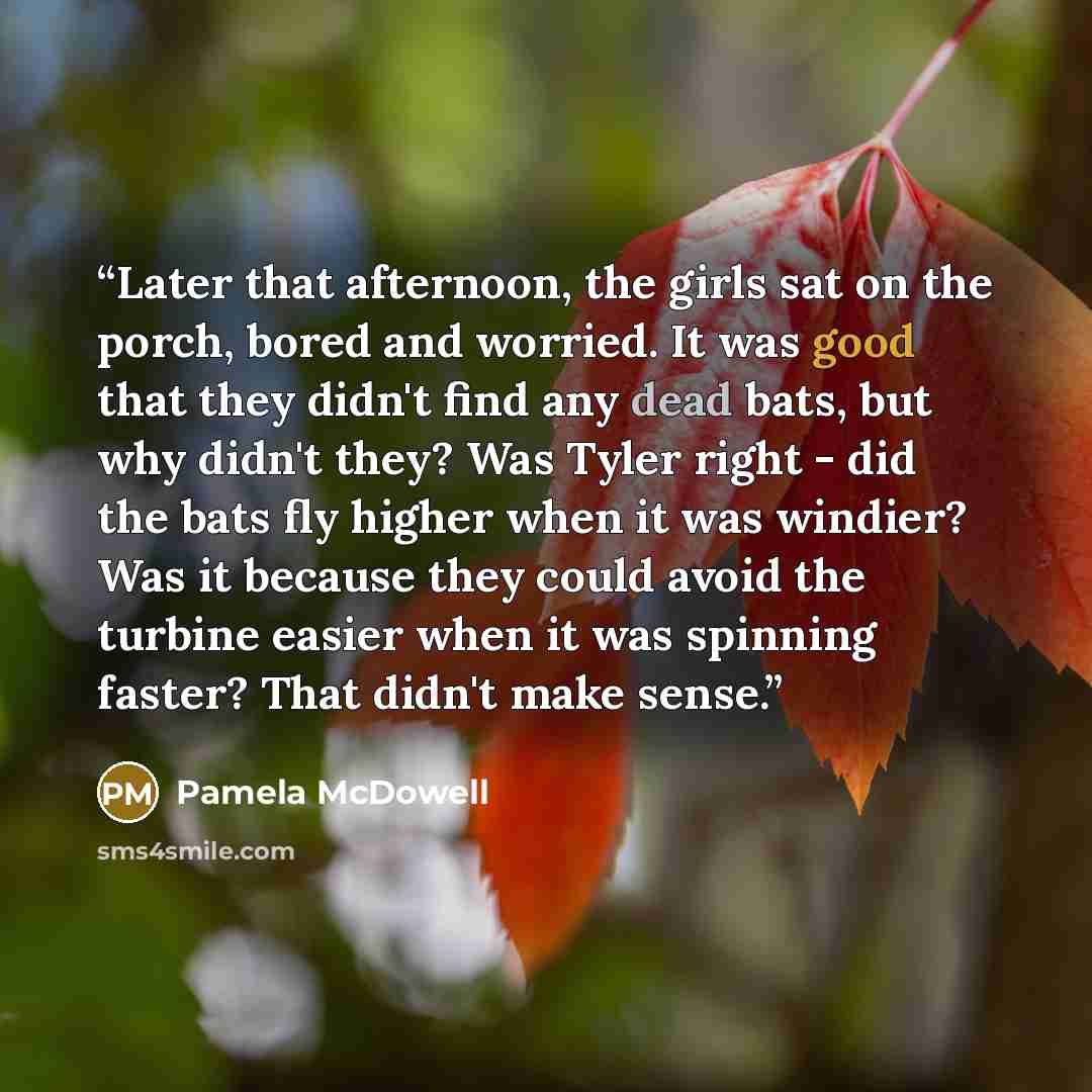 “Later that afternoon, the girls sat on the porch, bored and worried. It was good that they didn't find any dead bats, but why didn't they? Was Tyler right - did the bats fly higher when it was windier? Was it because they could avoid the turbine easier when it was spinning faster? That didn't make…” quote by Pamela McDowell