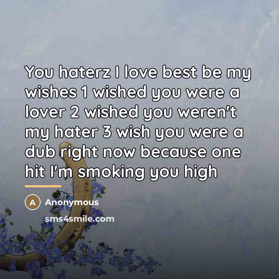 “You haterz I love best be my wishes 1 wished you were a lover 2 wished you weren't my hater 3 wish you were a dub right now because one hit I'm smoking you high” quote by Anonymous