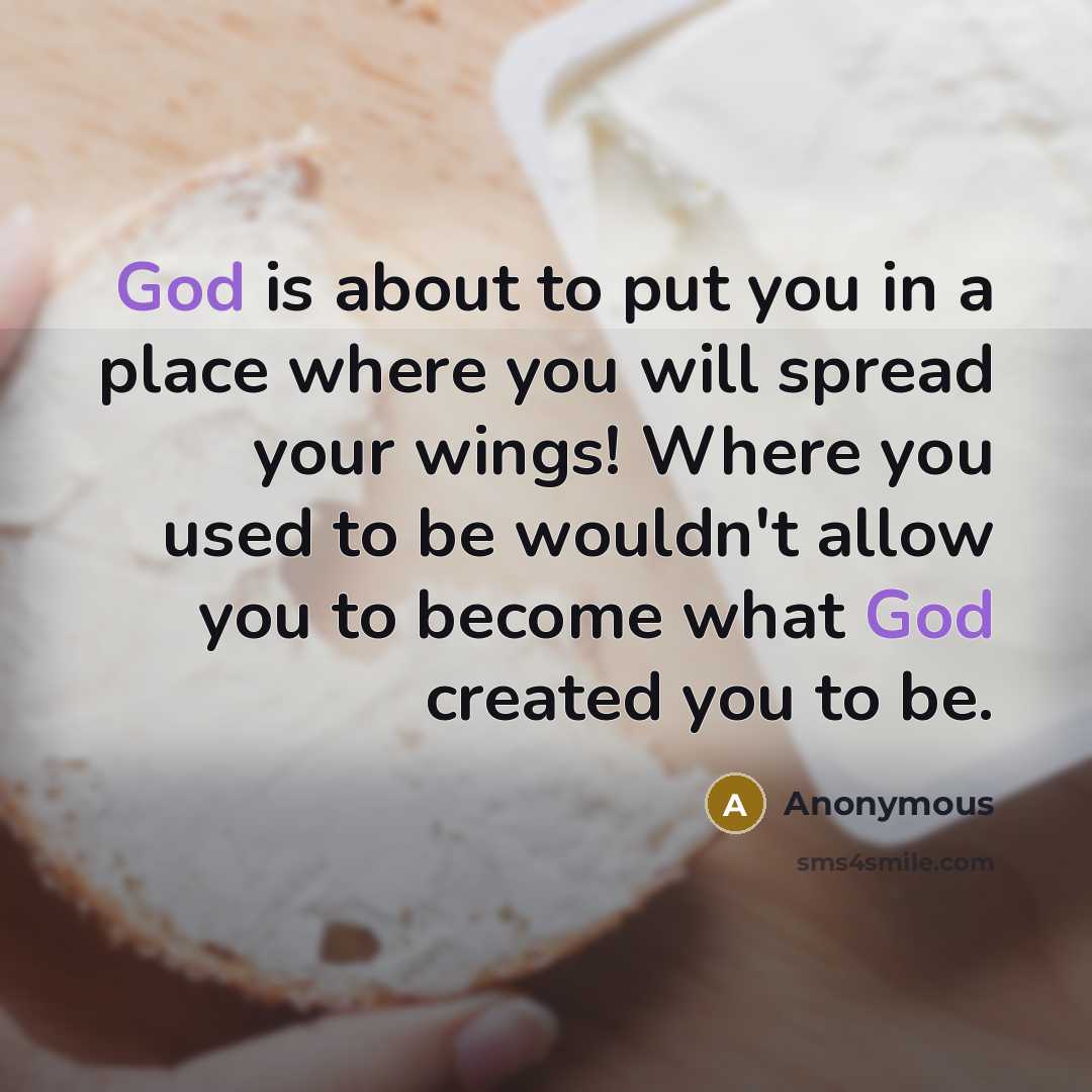 “God is about to put you in a place where you will spread your wings! Where you used to be wouldn't allow you to become what God created you to be.” quote by Anonymous