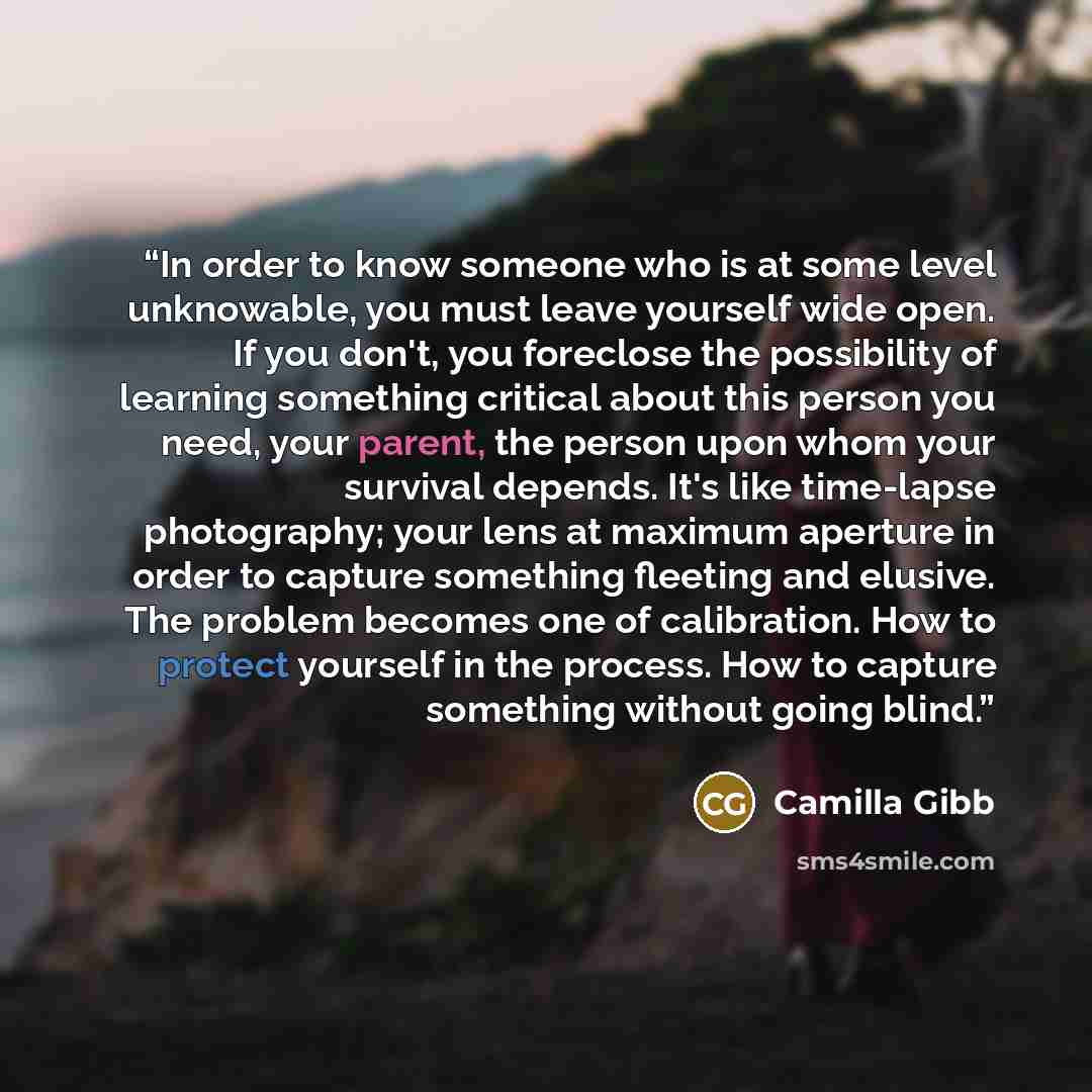 “In order to know someone who is at some level unknowable, you must leave yourself wide open. If you don't, you foreclose the possibility of learning something critical about this person you need, your parent, the person upon whom your survival depends. It's like time-lapse photography; your lens…” quote by Camilla Gibb
