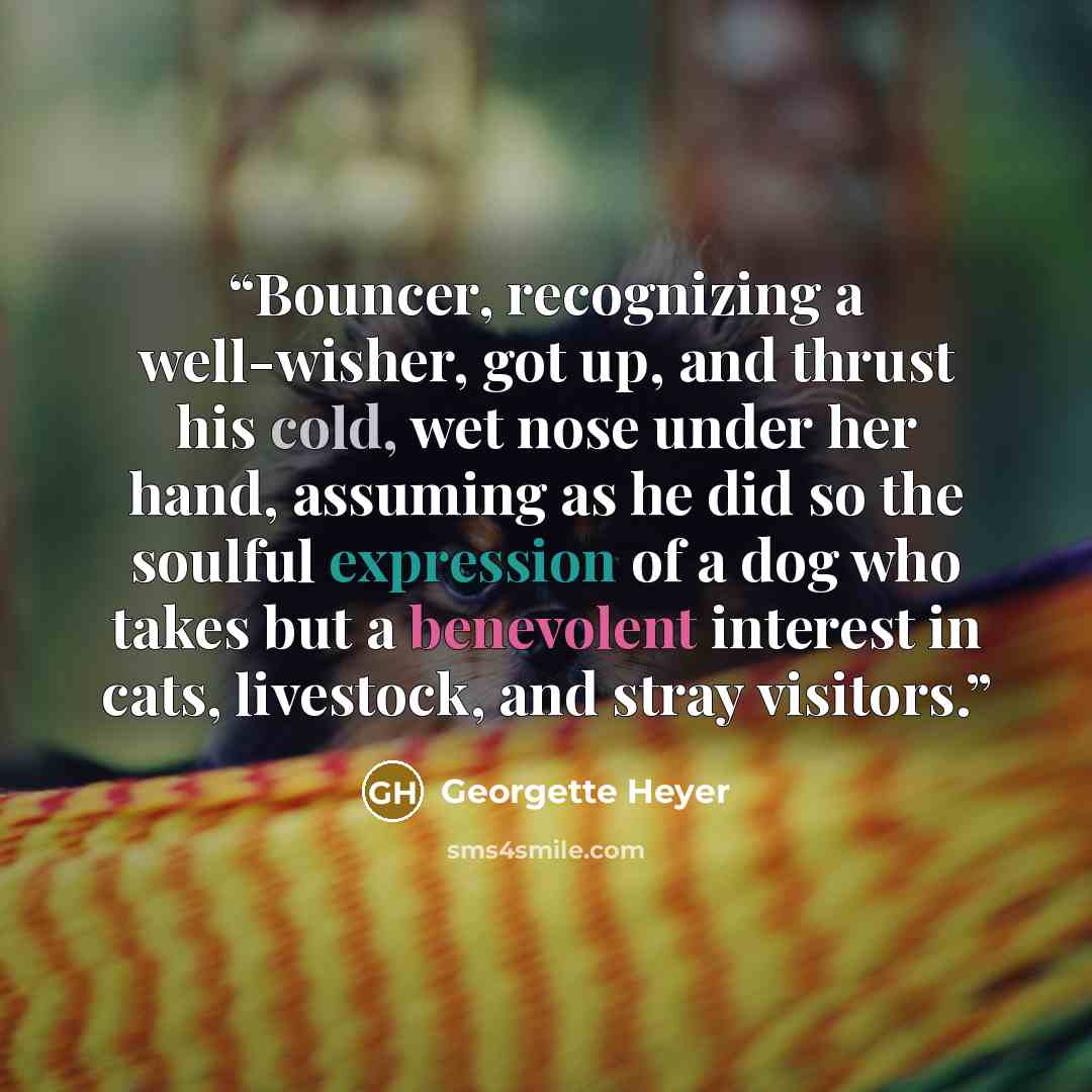 “Bouncer, recognizing a well-wisher, got up, and thrust his cold, wet nose under her hand, assuming as he did so the soulful expression of a dog who takes but a benevolent interest in cats, livestock, and stray visitors.” quote by Georgette Heyer