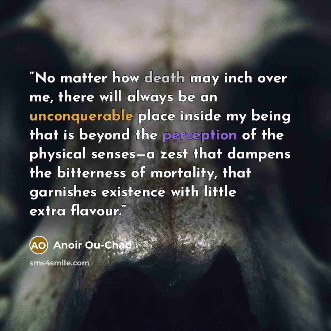 “No matter how death may inch over me, there will always be an unconquerable place inside my being that is beyond the perception of the physical senses—a zest that dampens the bitterness of mortality, that garnishes existence with little extra flavour.” quote by Anoir Ou-Chad