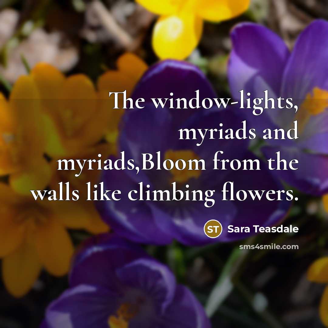 “The window-lights, myriads and myriads,Bloom from the walls like climbing…” quote by Sara Teasdale