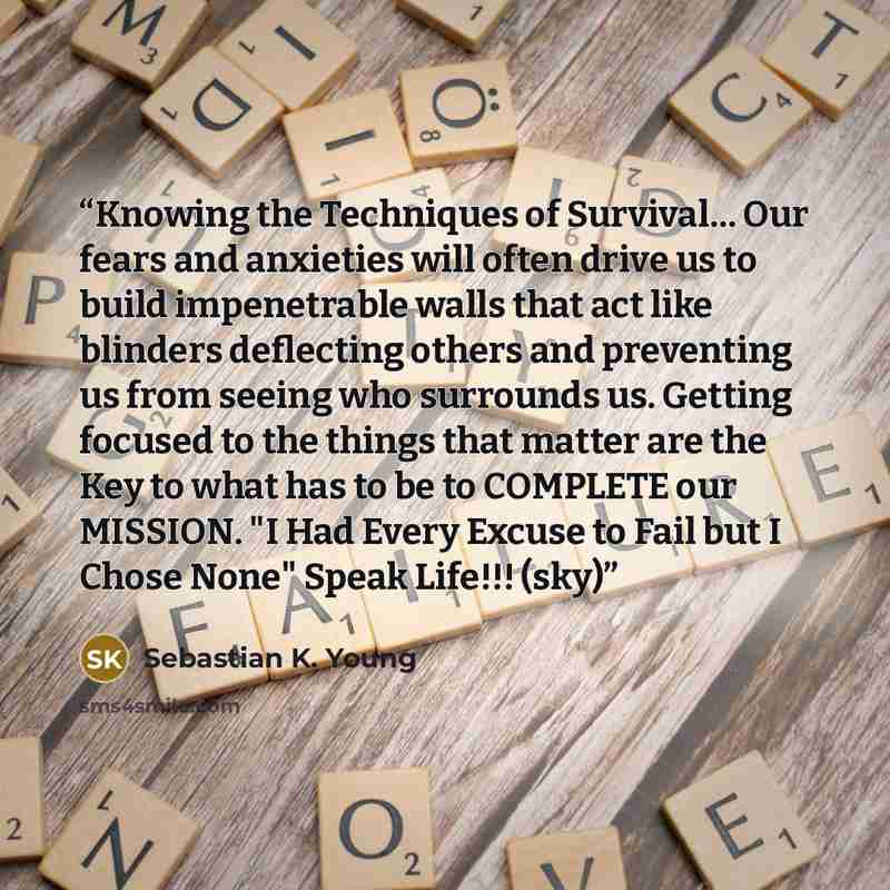 “Knowing the Techniques of Survival… Our fears and anxieties will often drive us to build impenetrable walls that act like blinders deflecting others and preventing us from seeing who surrounds us. Getting focused to the things that matter are the Key to what has to be to COMPLETE our MISSION. "I…” quote by Sebastian K. Young