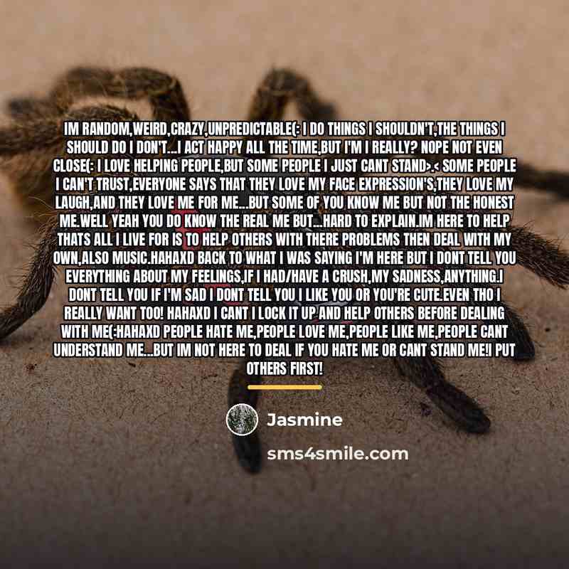 “Im Random,Weird,Crazy,Unpredictable(: I do things I shouldn't,The things I should…” quote by Jasmine