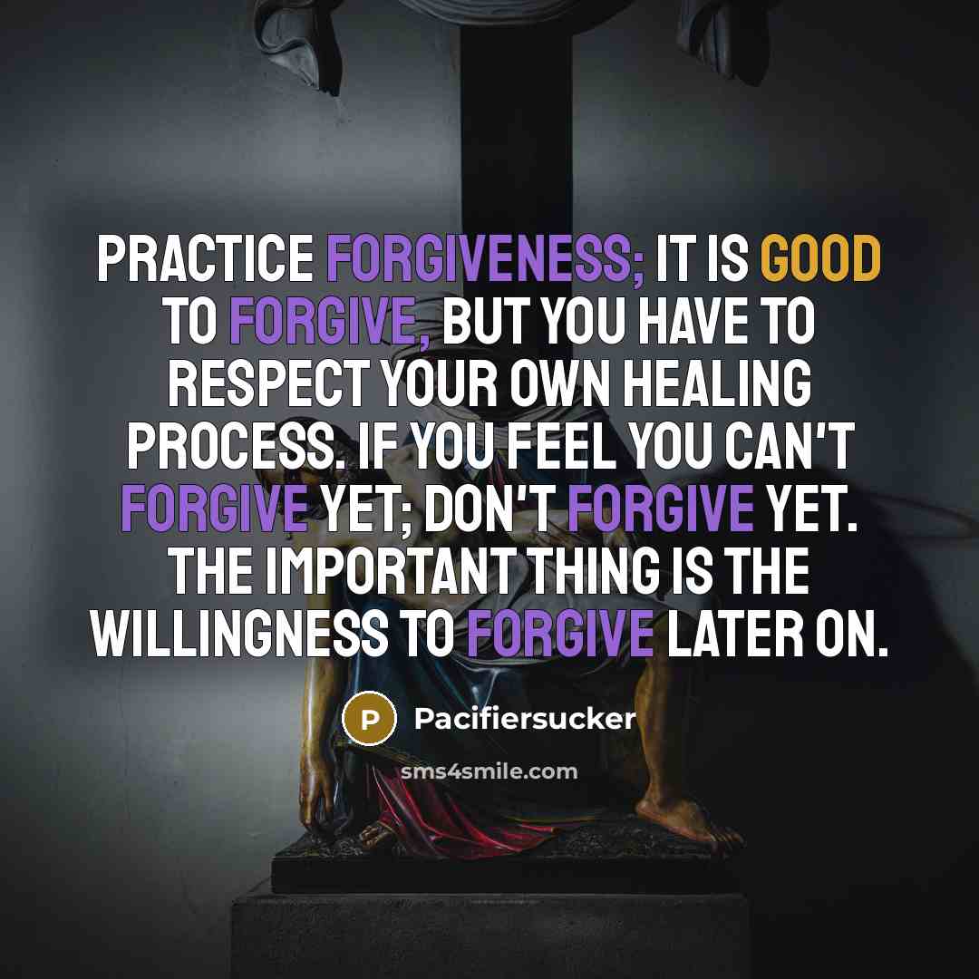 “Practice forgiveness; it is good to forgive, but you have to respect your own healing process. If you feel you can't forgive yet; don't forgive yet. The important thing is the willingness to forgive later on.” quote by Pacifiersucker