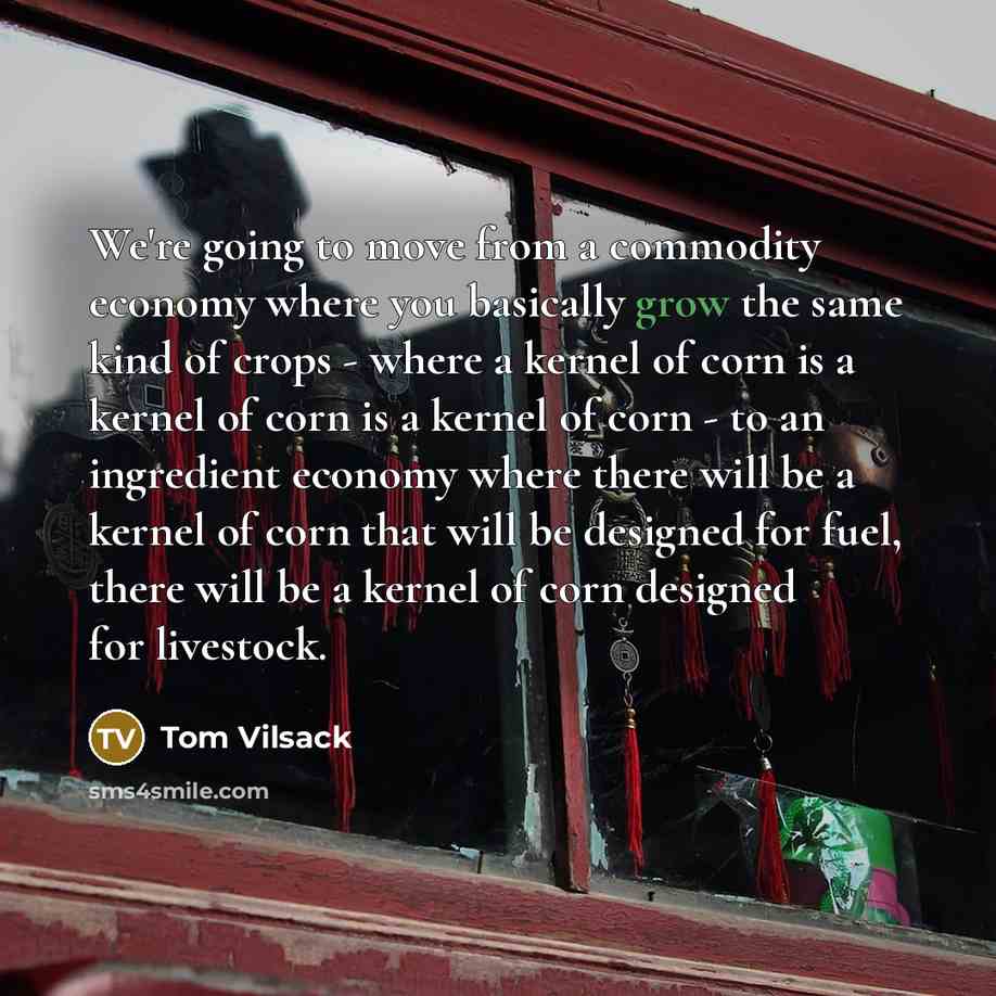 “We're going to move from a commodity economy where you basically grow the same kind of crops - where a kernel of corn is a kernel of corn is a kernel of corn - to an ingredient economy where there will be a kernel of corn that will be designed for fuel, there will be a kernel of corn designed for…” quote by Tom Vilsack