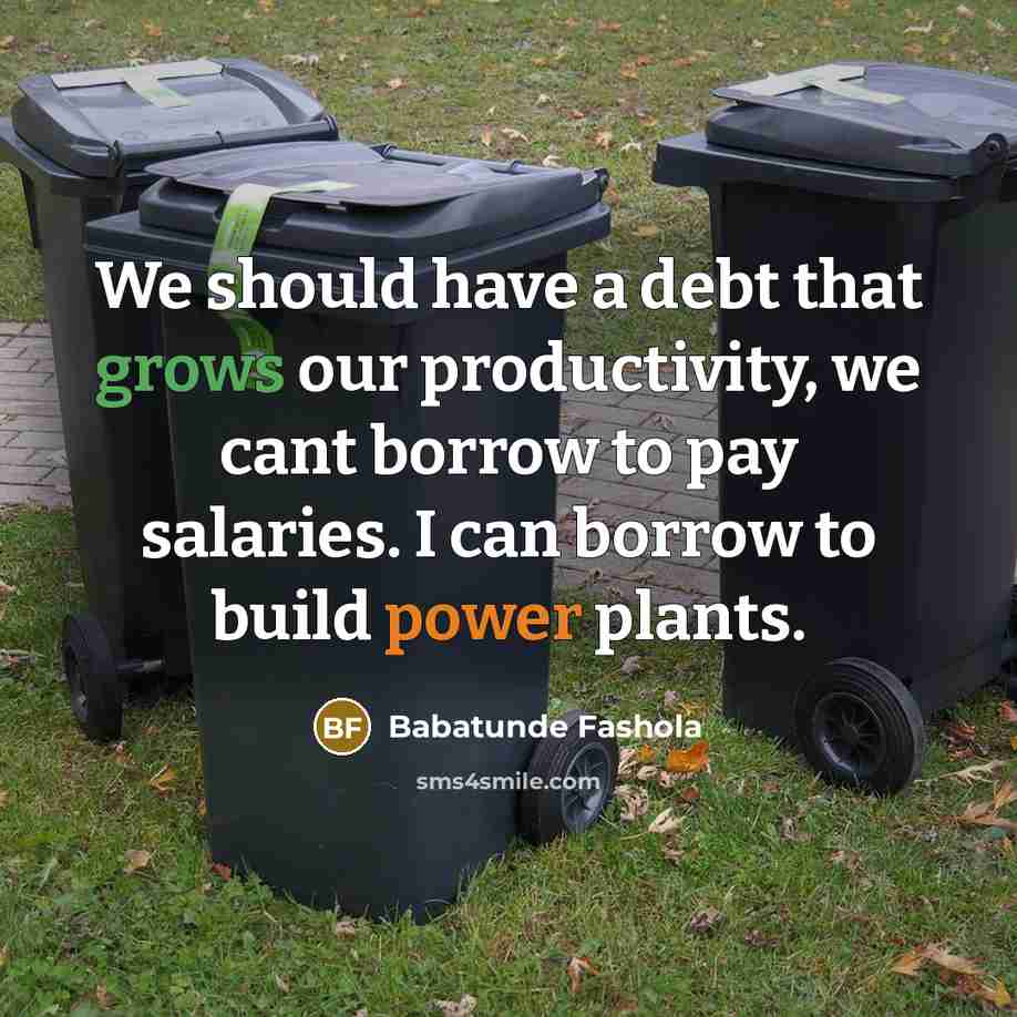 “We should have a debt that grows our productivity, we cant borrow to pay salaries. I can borrow to build power plants.” quote by Babatunde Fashola