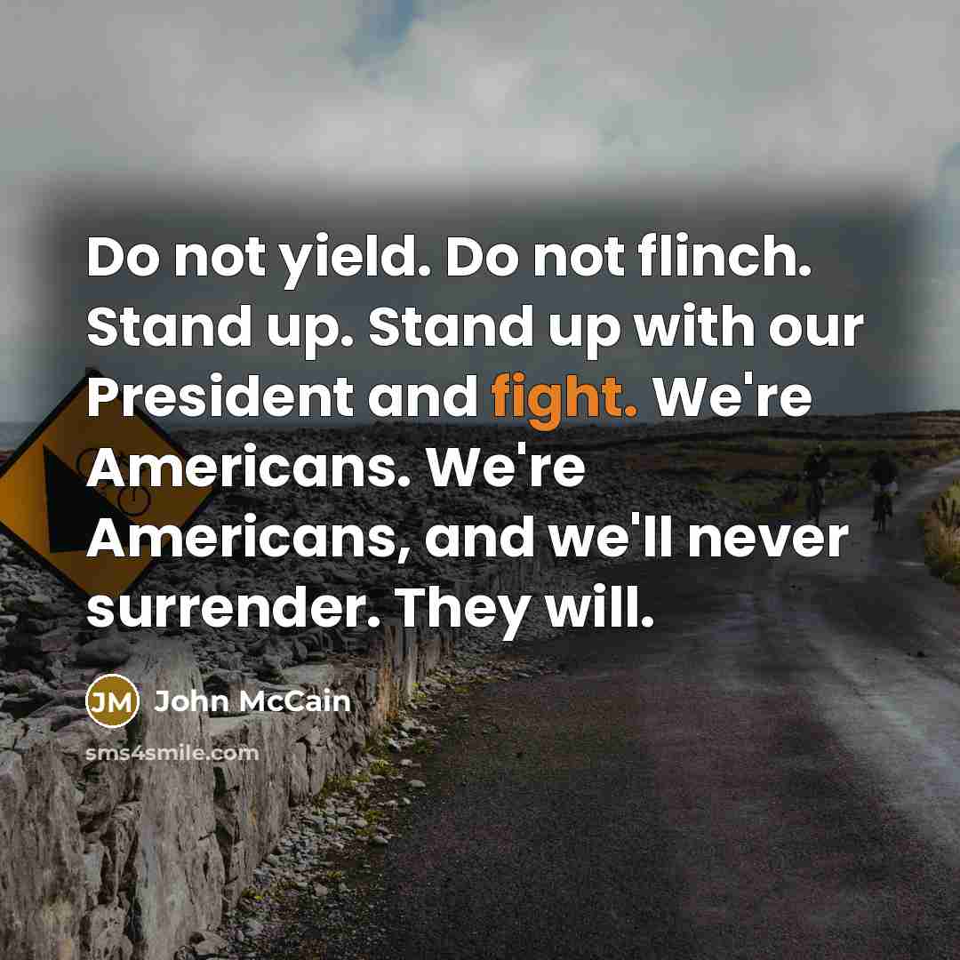 “Do not yield. Do not flinch. Stand up. Stand up with our President and fight. We're Americans. We're Americans, and we'll never surrender. They will.” quote by John McCain