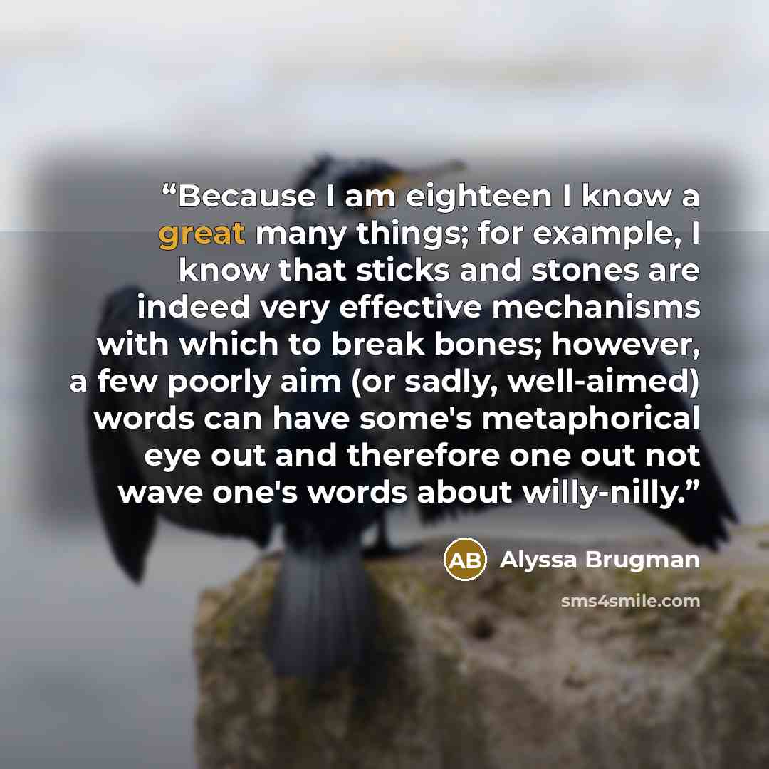 “Because I am eighteen I know a great many things; for example, I know that sticks and stones are indeed very effective mechanisms with which to break bones; however, a few poorly aim (or sadly, well-aimed) words can have some's metaphorical eye out and therefore one out not wave one's words about…” quote by Alyssa Brugman