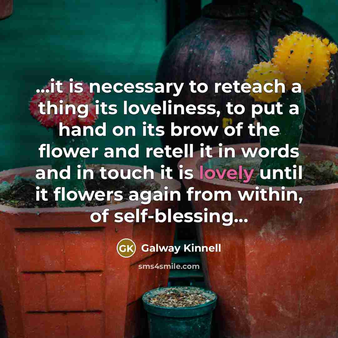 “...it is necessary to reteach a thing its loveliness, to…” quote by Galway Kinnell
