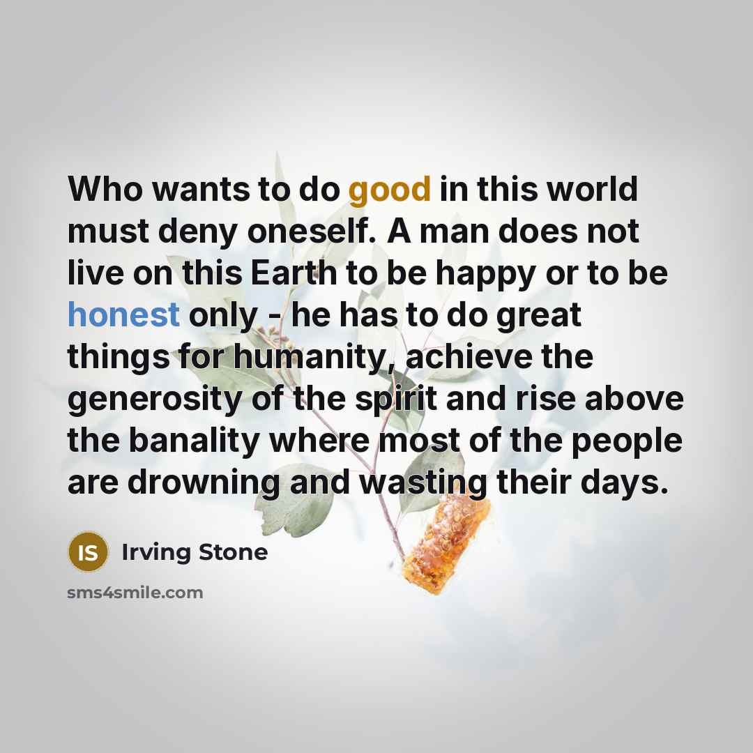 “Who wants to do good in this world must deny…” quote by Irving Stone