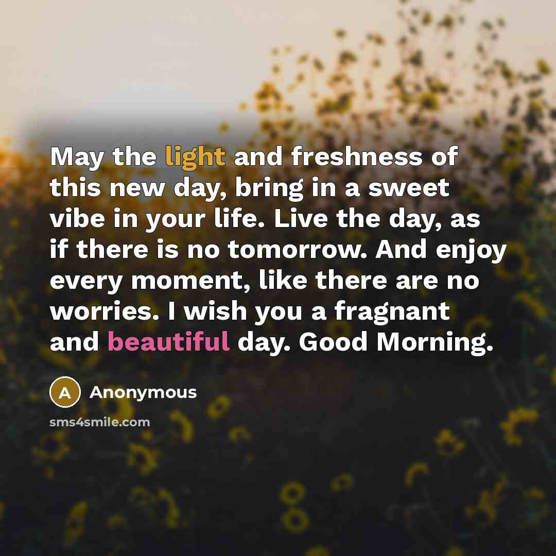 “May the light and freshness of this new day, bring in a sweet vibe in your life. Live the day, as if there is no tomorrow. And enjoy every moment, like there are no worries. I wish you a fragnant and beautiful day. Good Morning.” quote by Anonymous