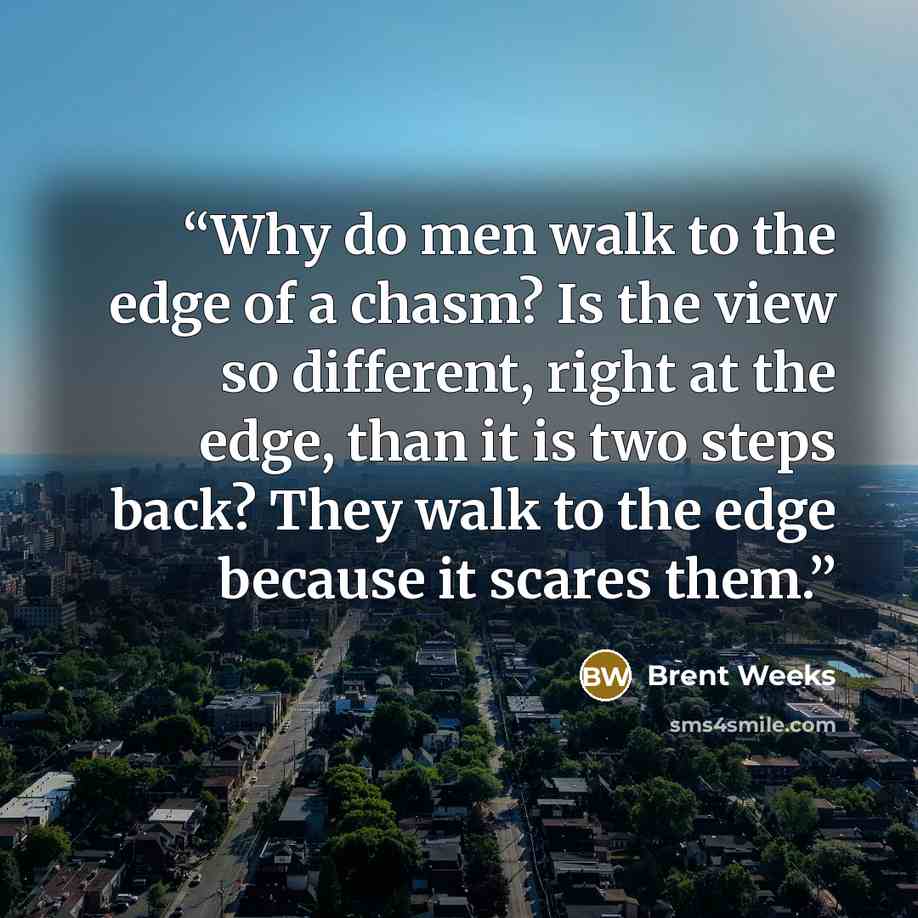 “Why do men walk to the edge of a chasm? Is the view so different, right at the edge, than it is two steps back? They walk to the edge because it scares them.” quote by Brent Weeks