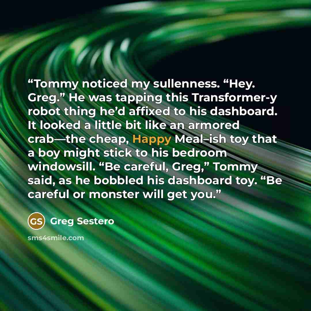 “Tommy noticed my sullenness. “Hey. Greg.” He was tapping this Transformer-y robot thing he’d affixed to his dashboard. It looked a little bit like an armored crab—the cheap, Happy Meal–ish toy that a boy might stick to his bedroom windowsill. “Be careful, Greg,” Tommy said, as he bobbled his…” quote by Greg Sestero