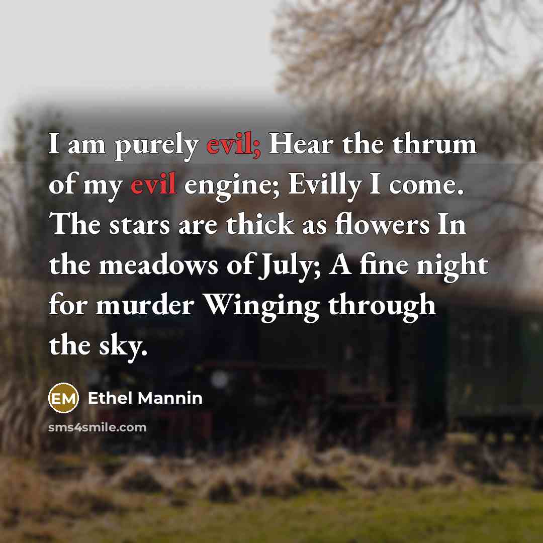 “I am purely evil; Hear the thrum of my evil engine; Evilly I come. The stars are thick as flowers In the meadows of July; A fine night for murder Winging through the sky.” quote by Ethel Mannin