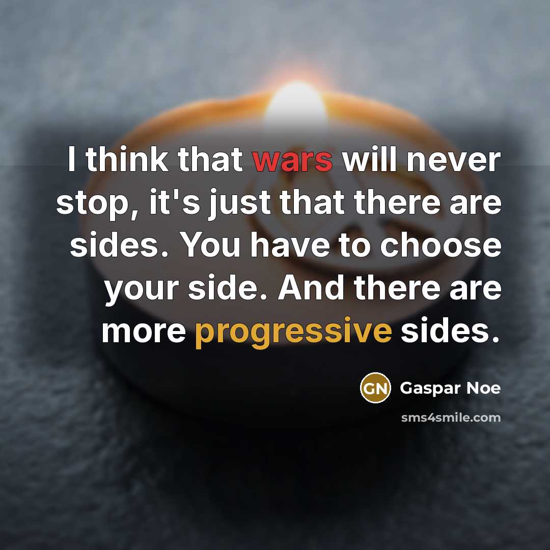 “I think that wars will never stop, it's just that there are sides. You have to choose your side. And there are more progressive sides.” quote by Gaspar Noe