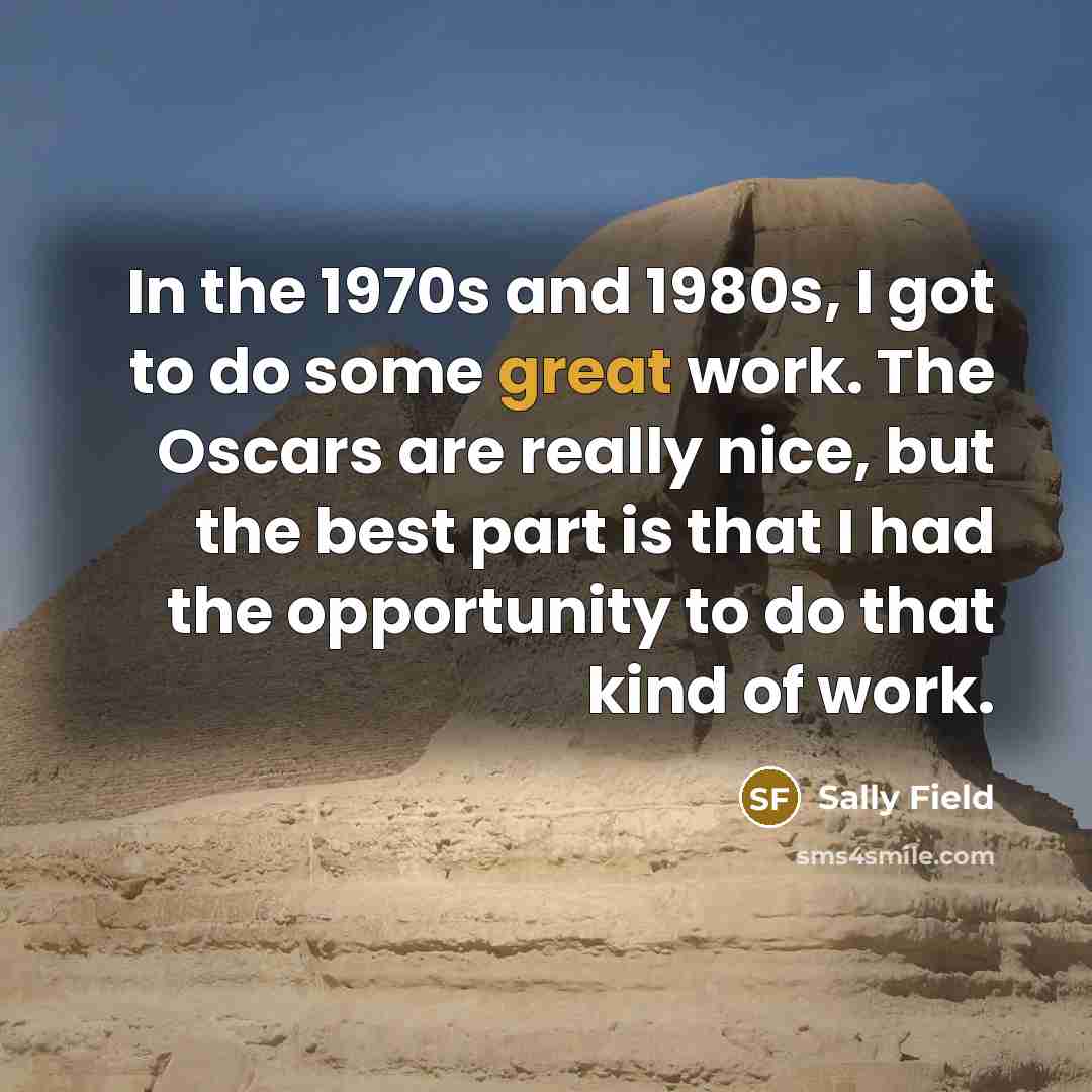 “In the 1970s and 1980s, I got to do some great work. The Oscars are really nice, but the best part is that I had the opportunity to do that kind of work.” quote by Sally Field