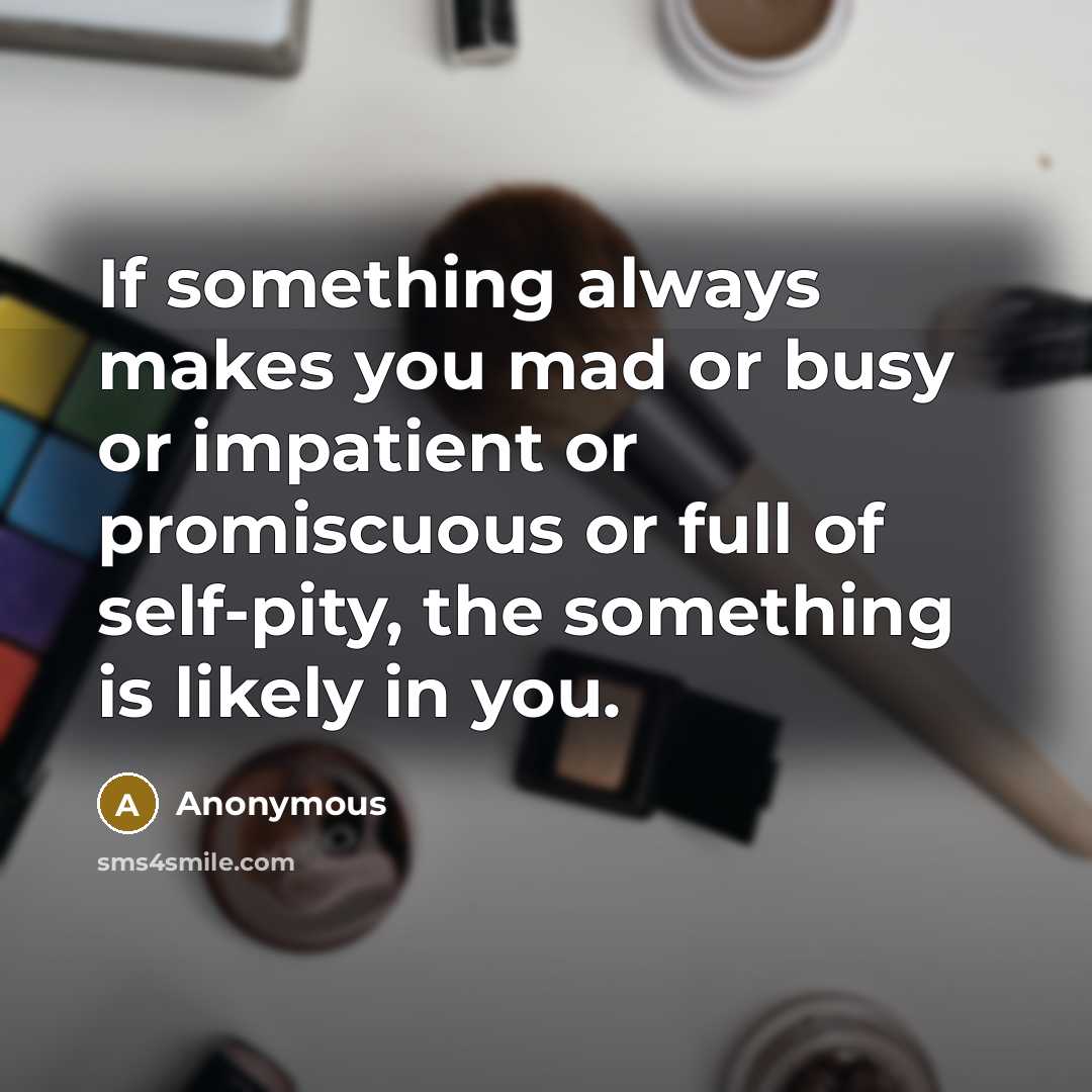 “If something always makes you mad or busy or impatient or promiscuous or full of self-pity, the something is likely in you.” quote by Anonymous