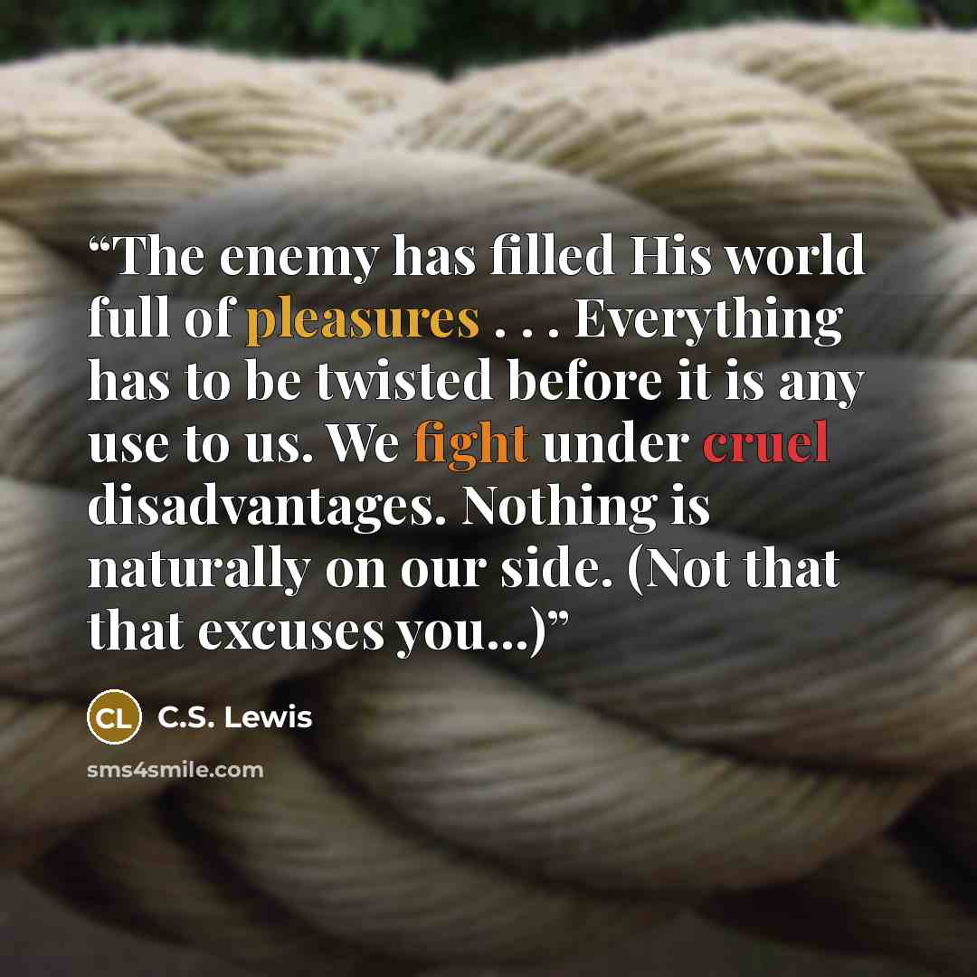 “The enemy has filled His world full of pleasures . . . Everything has to be twisted before it is any use to us. We fight under cruel disadvantages. Nothing is naturally on our side. (Not that that excuses you...)” quote by C.S. Lewis