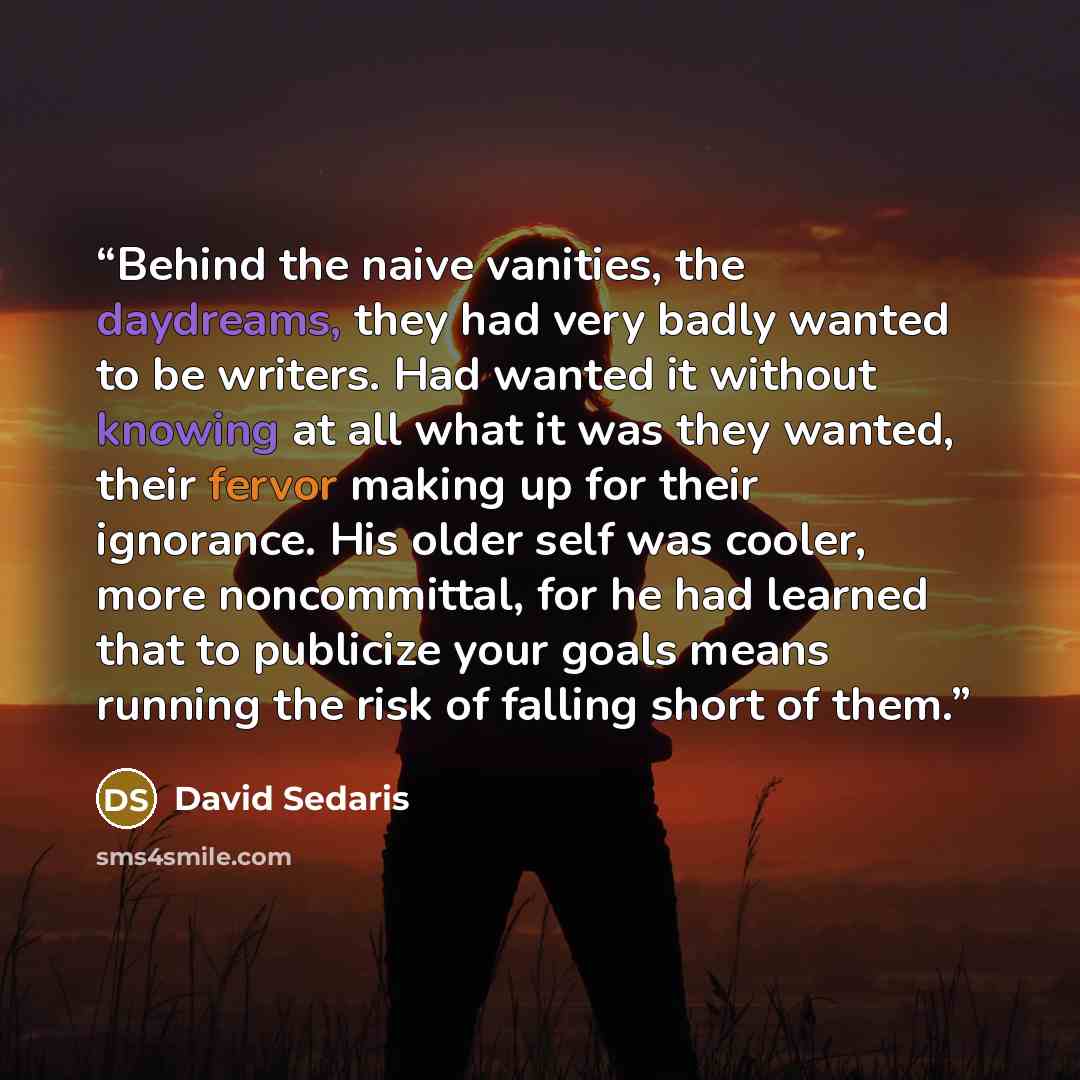 “Behind the naive vanities, the daydreams, they had very badly wanted to be writers. Had wanted it without knowing at all what it was they wanted, their fervor making up for their ignorance. His older self was cooler, more noncommittal, for he had learned that to publicize your goals means running…” quote by David Sedaris