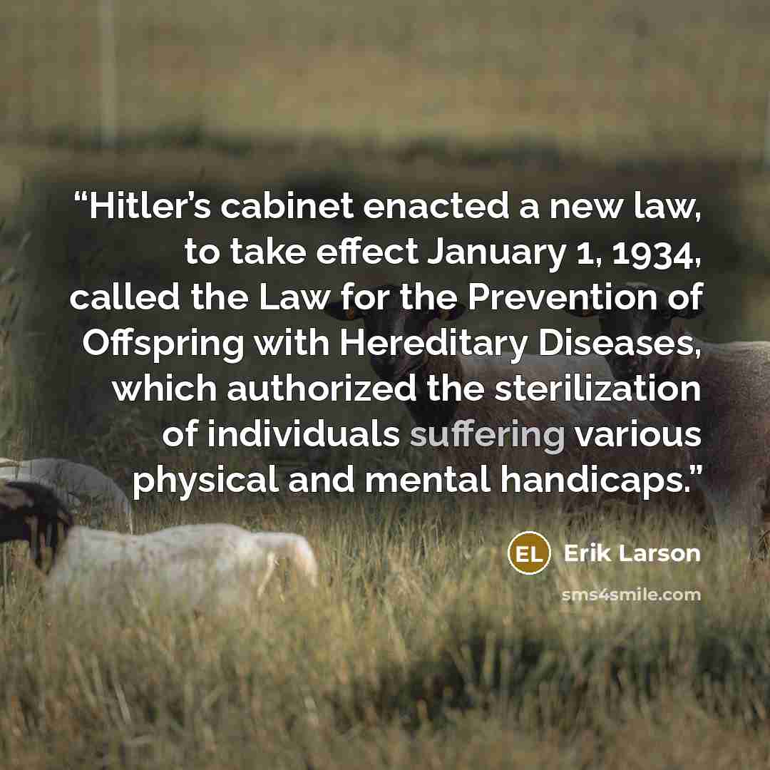 “Hitler’s cabinet enacted a new law, to take effect January 1, 1934, called the Law for the Prevention of Offspring with Hereditary Diseases, which authorized the sterilization of individuals suffering various physical and mental handicaps.” quote by Erik Larson