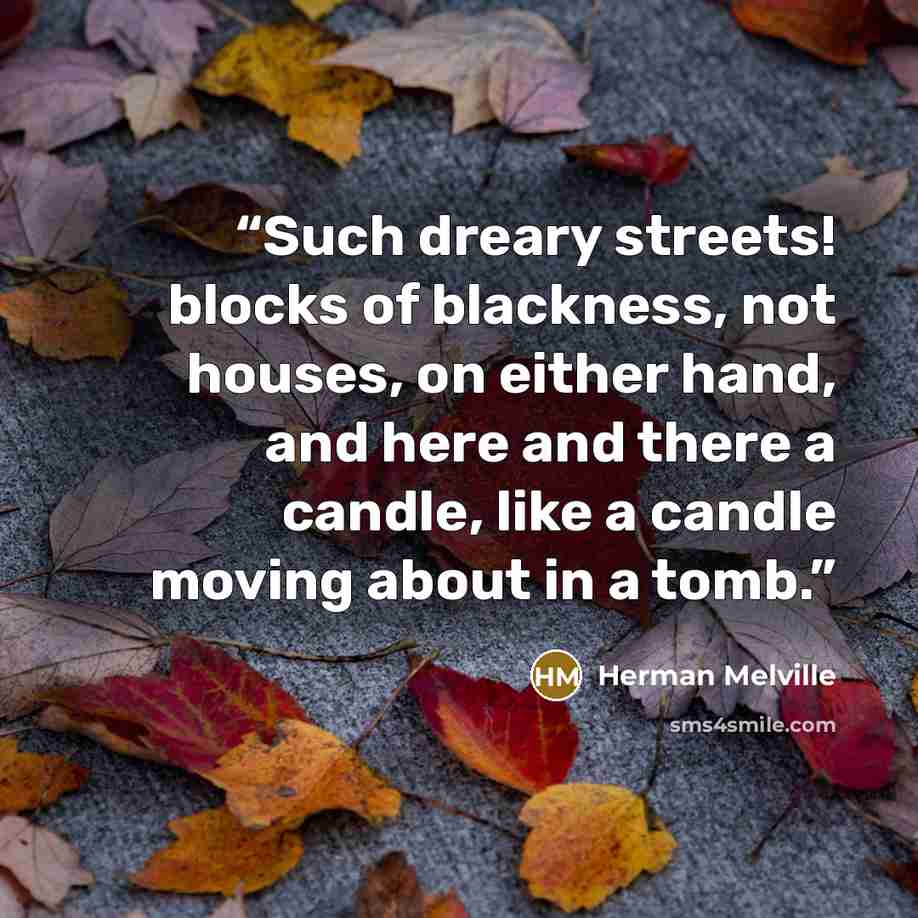 “Such dreary streets! blocks of blackness, not houses, on either hand, and here and there a candle, like a candle moving about in a tomb.” quote by Herman Melville