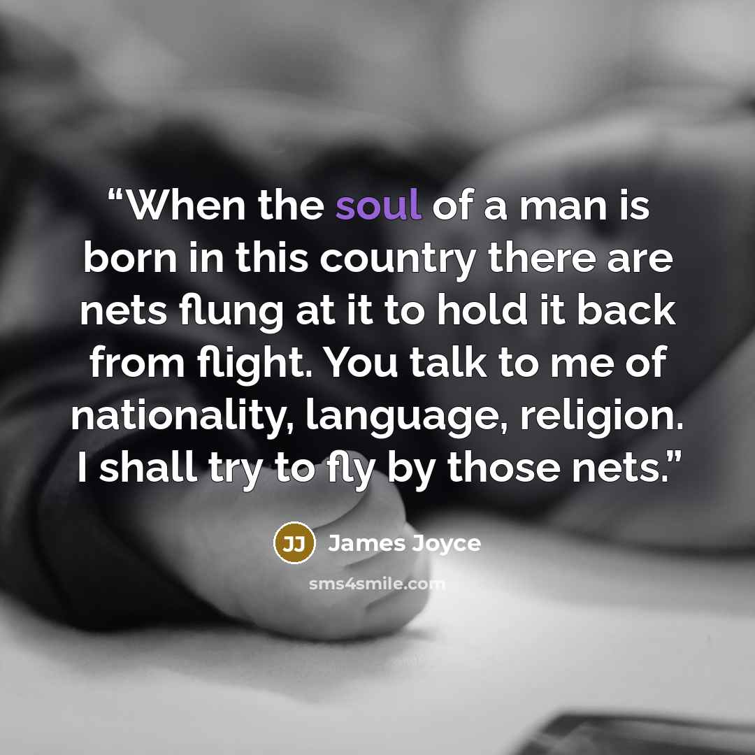 “When the soul of a man is born in this country there are nets flung at it to hold it back from flight. You talk to me of nationality, language, religion. I shall try to fly by those nets.” quote by James Joyce