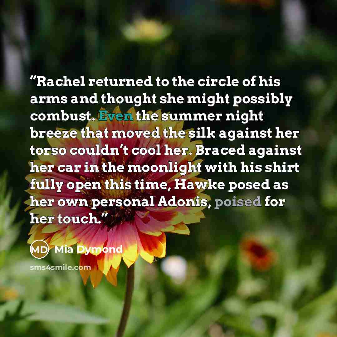 “Rachel returned to the circle of his arms and thought she might possibly combust. Even the summer night breeze that moved the silk against her torso couldn’t cool her. Braced against her car in the moonlight with his shirt fully open this time, Hawke posed as her own personal Adonis, poised for…” quote by Mia Dymond