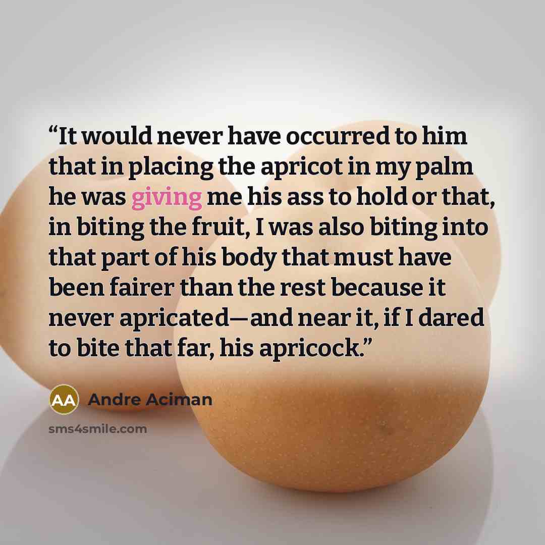 “It would never have occurred to him that in placing the apricot in my palm he was giving me his ass to hold or that, in biting the fruit, I was also biting into that part of his body that must have been fairer than the rest because it never apricated—and near it, if I dared to bite that far, his…” quote by André Aciman