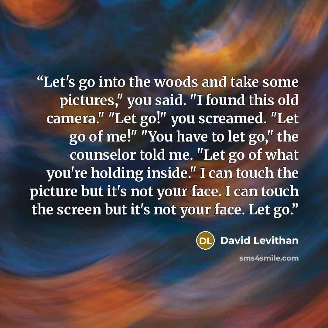 “Let's go into the woods and take some pictures," you said. "I found this old camera." "Let go!" you screamed. "Let go of me!" "You have to let go," the counselor told me. "Let go of what you're holding inside." I can touch the picture but it's not your face. I can touch the screen but it's not…” quote by David Levithan