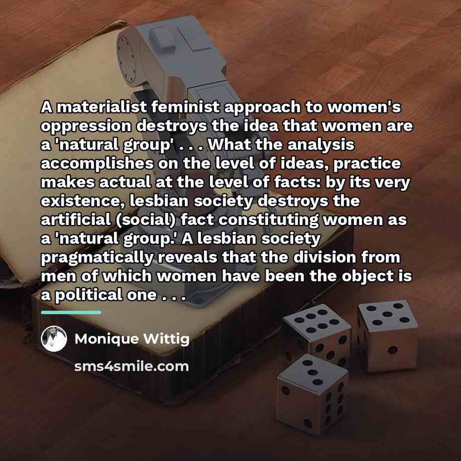“A materialist feminist approach to women's oppression destroys the idea…” quote by Monique Wittig