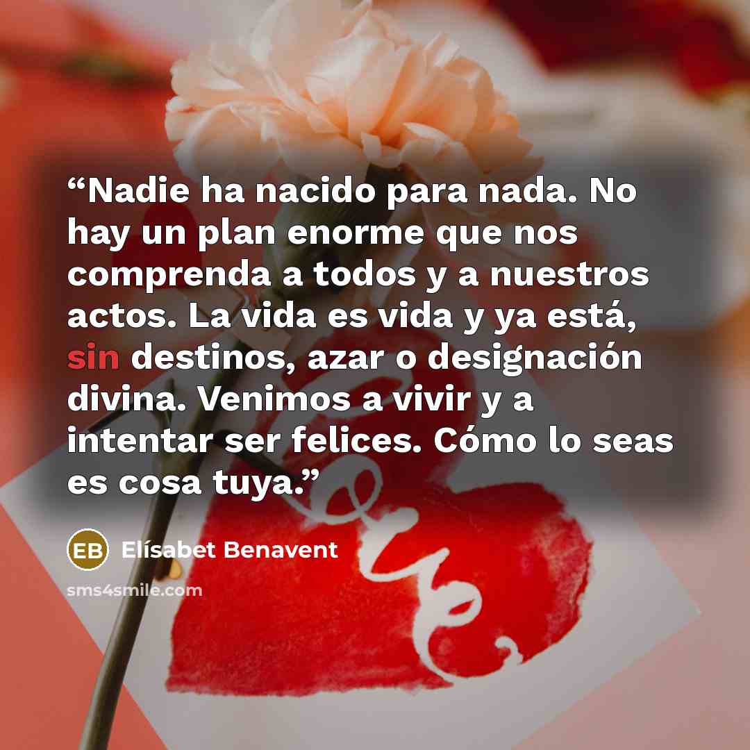 “Nadie ha nacido para nada. No hay un plan enorme que nos comprenda a todos y a nuestros actos. La vida es vida y ya está, sin destinos, azar o designación divina. Venimos a vivir y a intentar ser felices. Cómo lo seas es cosa tuya.” quote by Elísabet Benavent