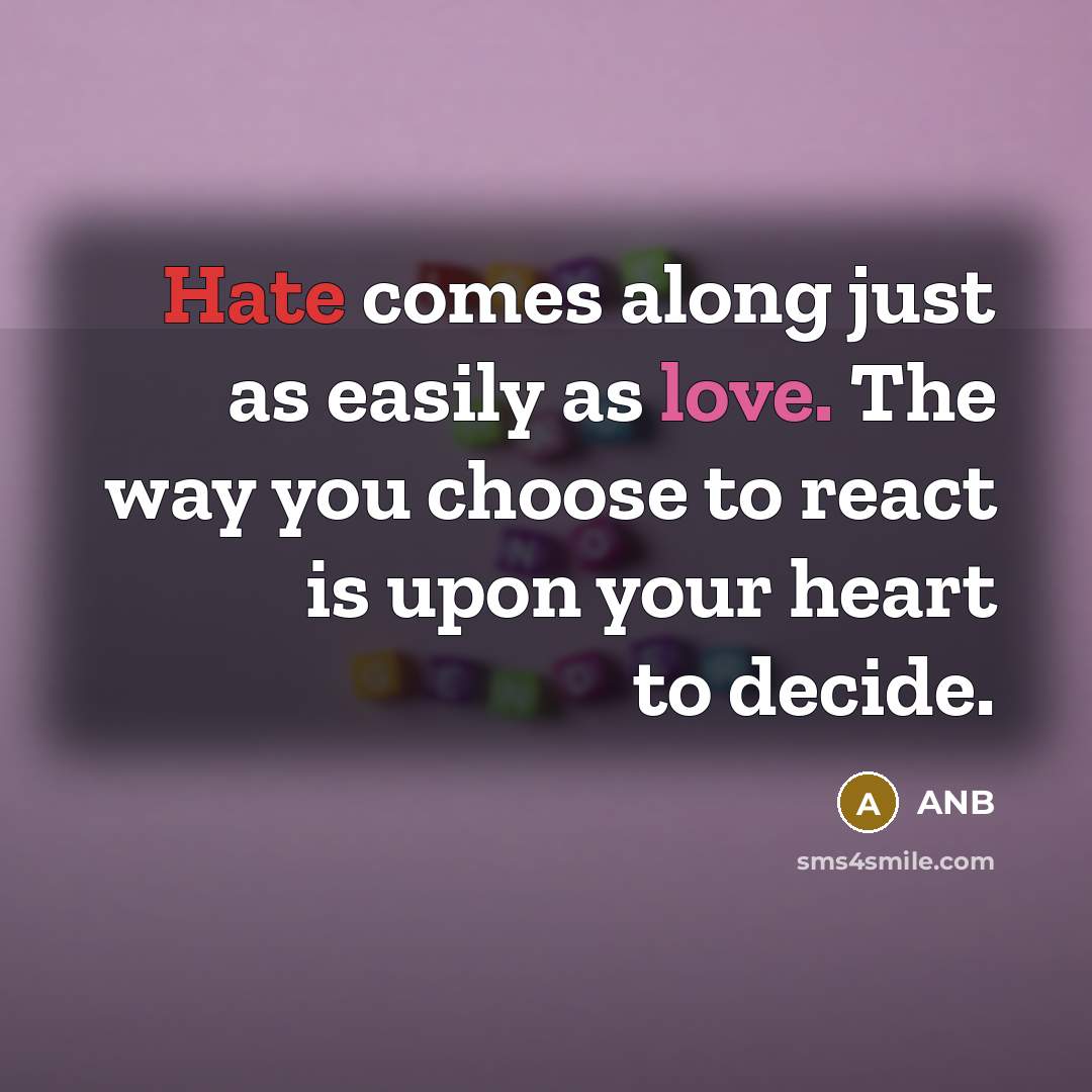 “Hate comes along just as easily as love. The way you choose to react is upon your heart to decide.” quote by ANB