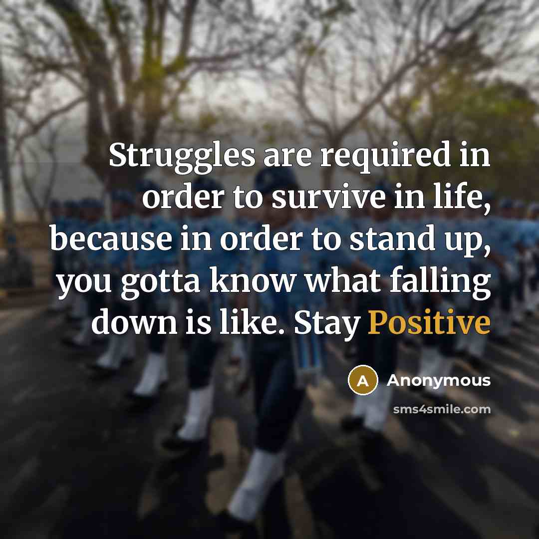 “Struggles are required in order to survive in life, because in order to stand up, you gotta know what falling down is like. Stay Positive” quote by Anonymous