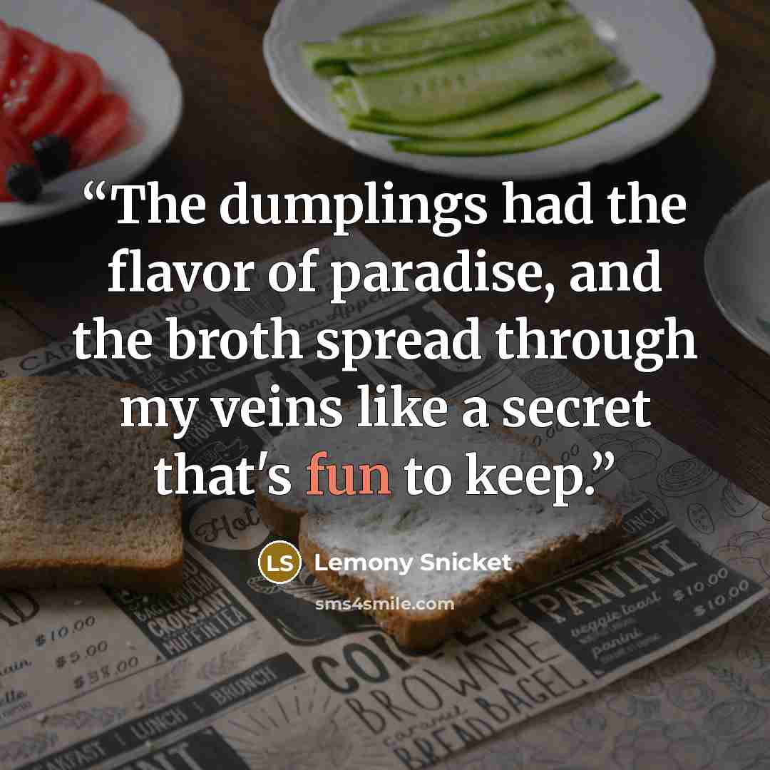 “The dumplings had the flavor of paradise, and the broth spread through my veins like a secret that's fun to keep.” quote by Lemony Snicket