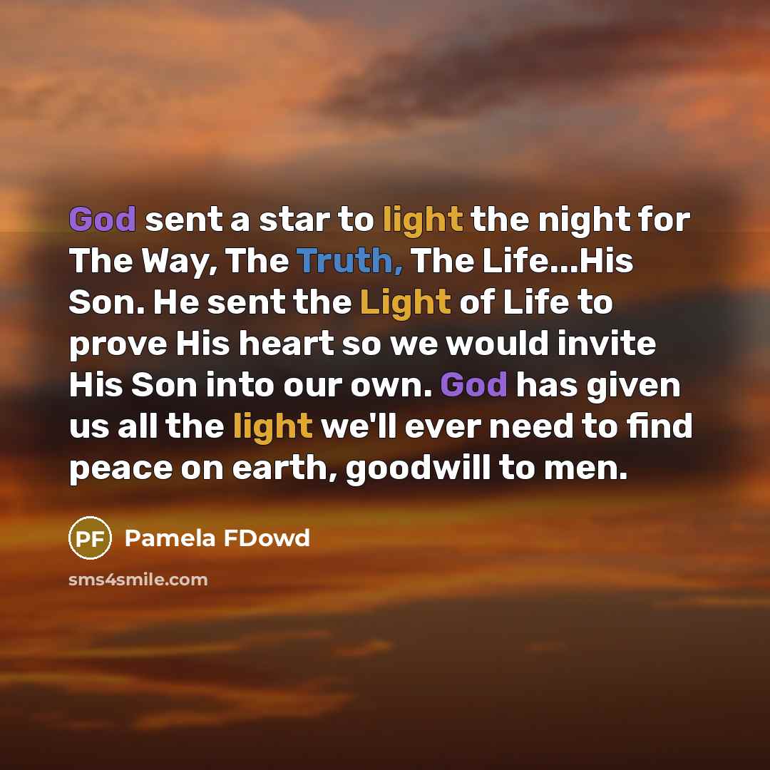 “God sent a star to light the night for The Way, The Truth, The Life...His Son. He sent the Light of Life to prove His heart so we would invite His Son into our own. God has given us all the light we'll ever need to find peace on earth, goodwill to men.” quote by Pamela FDowd