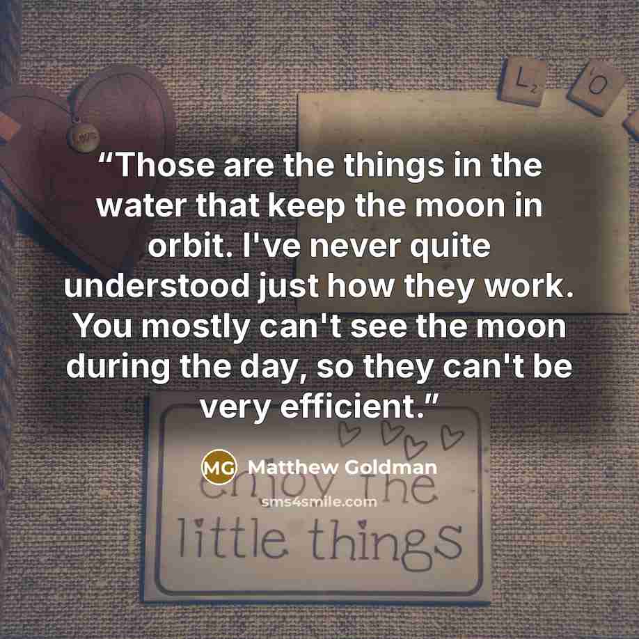 “Those are the things in the water that keep the moon in orbit. I've never quite understood just how they work. You mostly can't see the moon during the day, so they can't be very efficient.” quote by Matthew Goldman