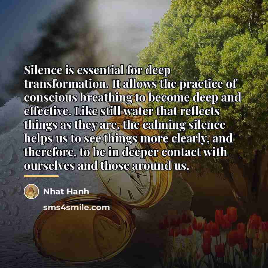 “Silence is essential for deep transformation. It allows the practice…” quote by Nhat Hanh
