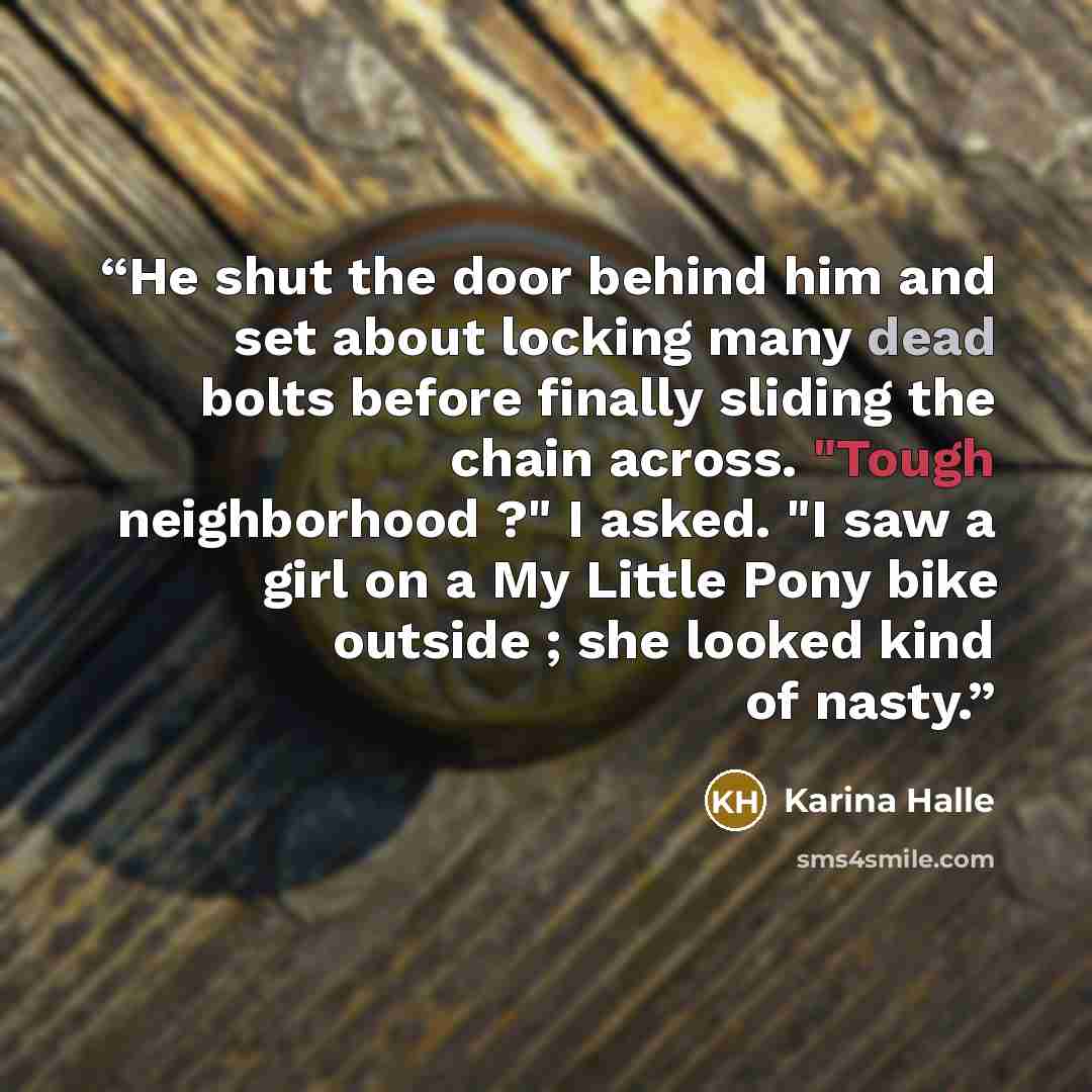 “He shut the door behind him and set about locking many dead bolts before finally sliding the chain across. "Tough neighborhood ?" I asked. "I saw a girl on a My Little Pony bike outside ; she looked kind of nasty.” quote by Karina Halle