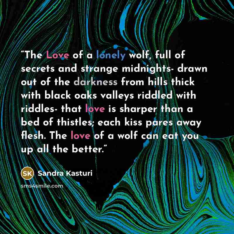 “The Love of a lonely wolf, full of secrets and strange midnights- drawn out of the darkness from hills thick with black oaks valleys riddled with riddles- that love is sharper than a bed of thistles; each kiss pares away flesh. The love of a wolf can eat you up all the better.” quote by Sandra Kasturi